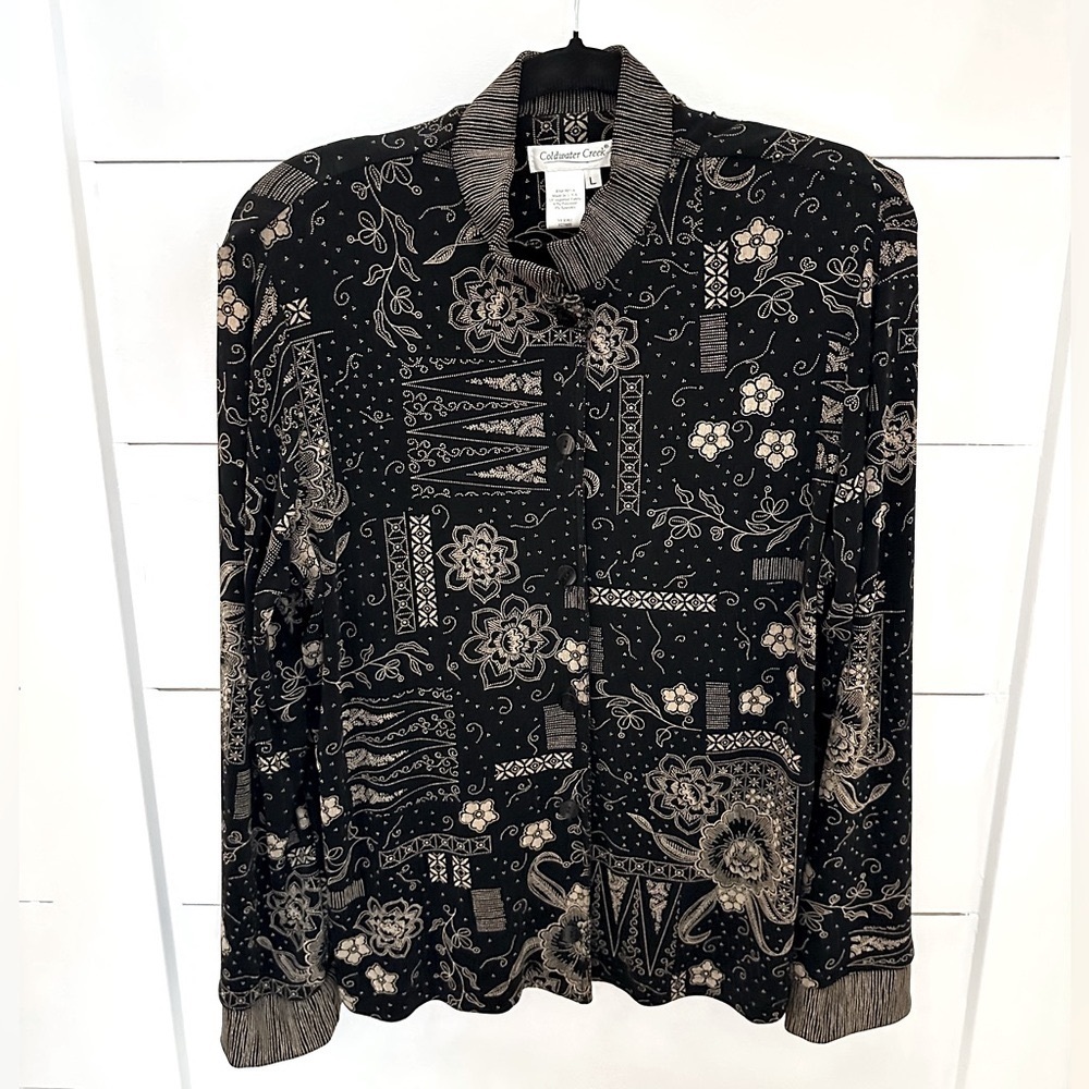 COLDWATER CREEK  L Black Floral Button Front Top Long Sleeve Stretch